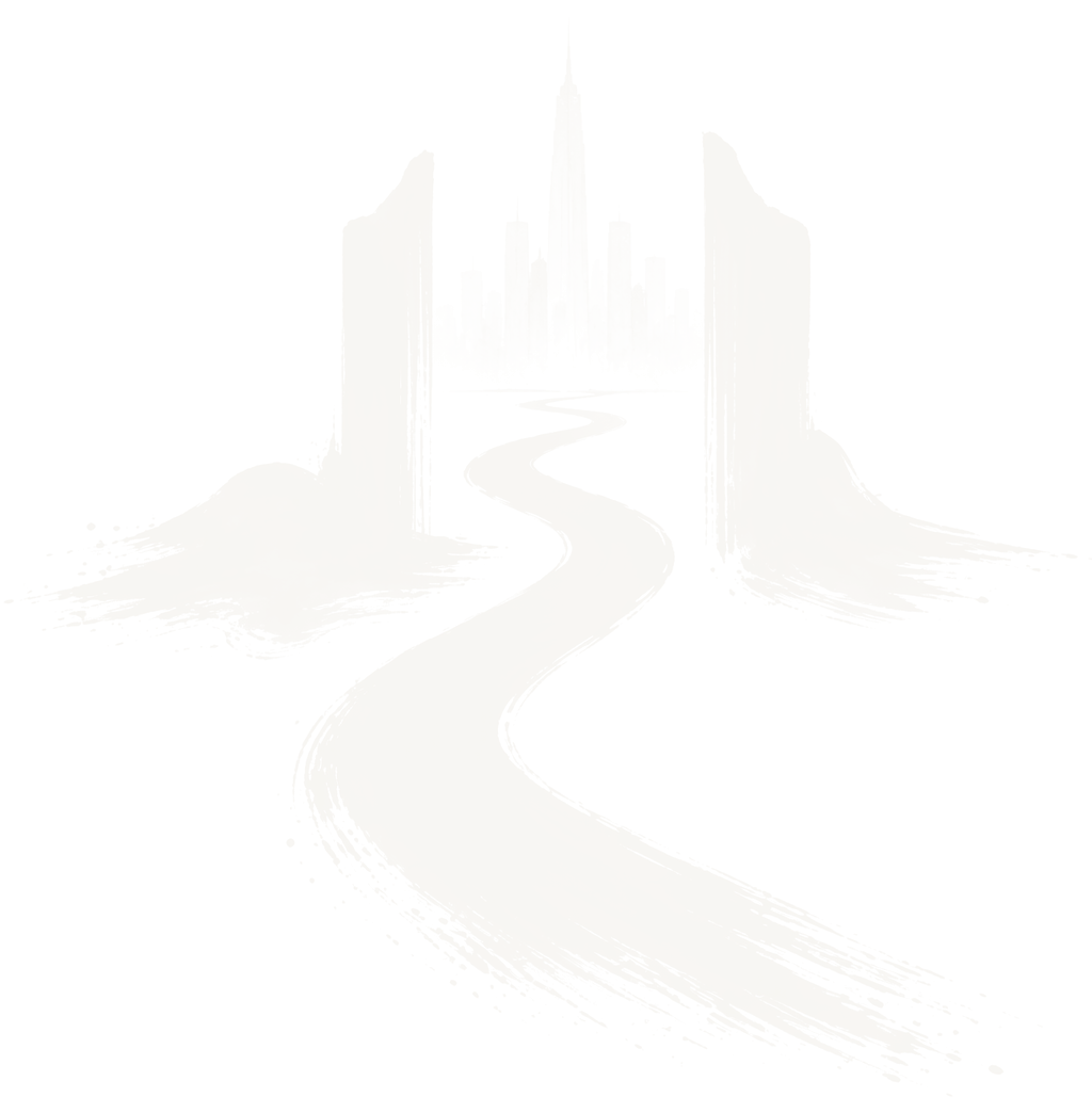 Ink-brush illustration of a winding path through a gate toward a distant city skyline