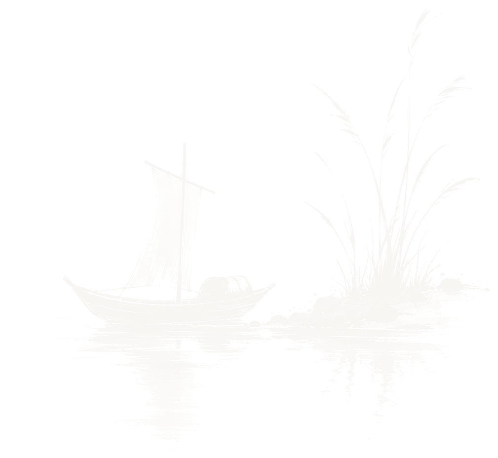 Ink-brush illustration of a small boat arriving at a reed shore